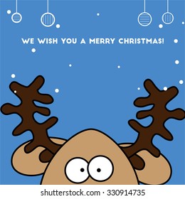 Jolly colorful reindeer watching Christmas card blue background. Simple colored illustration. Cute cartoon funny reindeer. Christmas postcard.