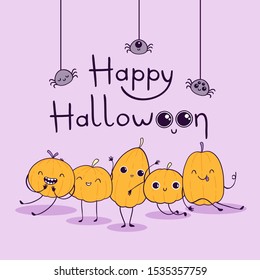 Jolly crowd of cute halloween pumpkins on violet background. Greeting card.  Laughing and having a good time pumpkins. 'Happy Halloween' lettering. Little spiders hanging on on the spiderweb