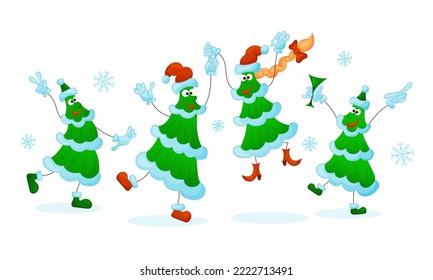 Jolly dancing Christmas trees in Christmas hats and snowflakes. Christmas party and Christmas dancing. Vector illustration on white background.