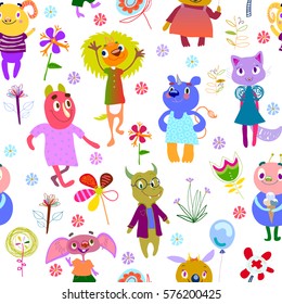 Jolly debonair monsters. Seamless pattern with funny fantastic characters and unusual flowers. Bright colorful background for children design. Summer collection. White backdrop. Vector illustration