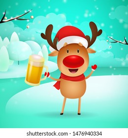 Jolly deer with mug of beer. Cartoon character in Santa hat and red scarf standing in winter forest. Can be used for topics like celebration, alcohol, Christmas