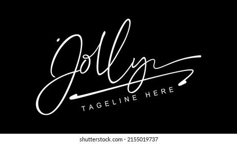 Jolly Elegant vector name signature logo design.Manual identity autograph signature sign.White Signature For Document On black Background.Isolated hand drawn name logo design.