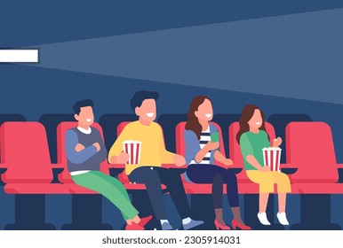 Jolly family watching movie in theater with popcorn. Happy people sitting in cinema, mother father with kids watch film, performance on stage. Cartoon flat style isolated