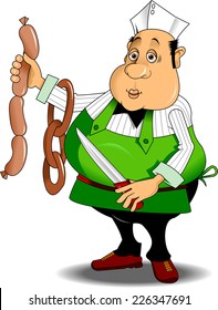 jolly fat butcher advertises its sausages, vector