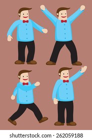 Jolly fat man with a wide smile on face wearing blue shirt and red bow tie. Set of four vector characters isolated on brown background.