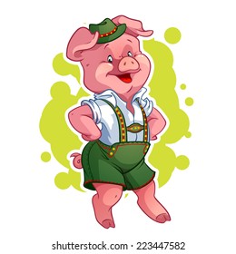 Jolly fat pig in Bavarian costume. Vector clip-art illustration on a white background.