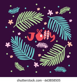 Jolly font art/ Christmas background/ Hand drawn floral pattern/ Holiday seasons greeting card design