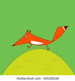 Jolly Fox runs across the grass amusing cartoon style illustration vector green background svg