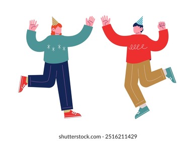 Jolly friends enjoying a holiday party together. Happy people smiling and dancing. Cartoon character vector illustration