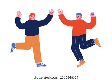 Jolly friends high-fiving each other. Happy people smiling and dancing. Cartoon character vector illustration