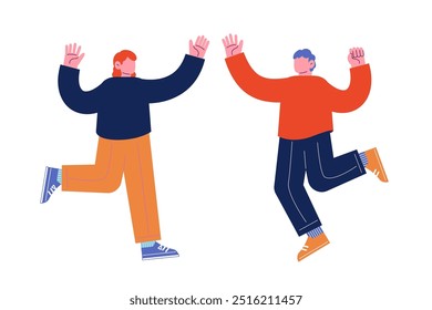 Jolly friends high-fiving each other. Happy people smiling and dancing. Cartoon character vector illustration