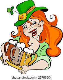 A jolly girl holds a tray with a beer