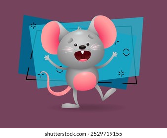 Jolly ratón gris en la emoción. Lindo personaje gritando y saludando. Se puede utilizar para temas como animales, roedores, dibujos animados