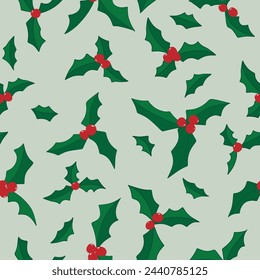 Jolly Green Holly with Red Berries on a Green Background in a Seamless Pattern