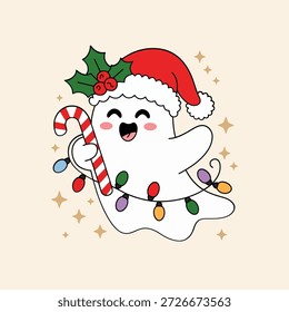 Fantasma de vacaciones alegres, gorra de Papá Noel, primavera de acebo, caña de caramelo y luces centelleantes, destellos de brillo, Vector de carácter de Navidades alegres