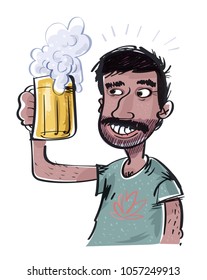 Jolly Indian guy drinking beer. Vector illustration isolated on white background
