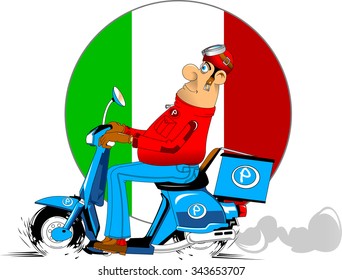 jolly man in a red jacket delivers pizza to the customer