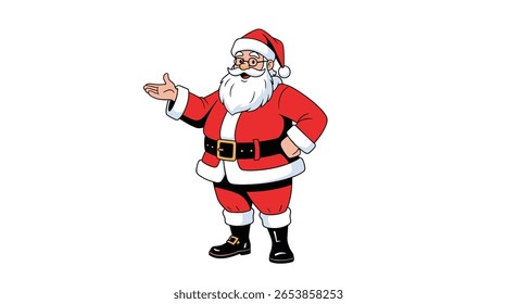 Jolly man with white beard wearing a red suit and hat with black boots and belt with his hand extended towards the viewer