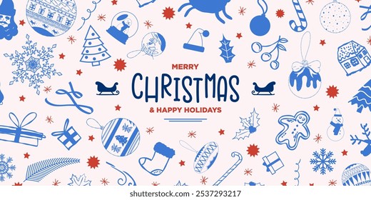 Jolly Merry Christmas and Happy Holidays Greeting Card Banner filled with hand drawn christmas pattern doodles in blue and red. Fun and simple xmas design with scattered christmas decorations. Vector 