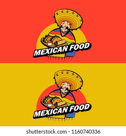 A Jolly Mexican wearing a striped poncho and a big Mexican hat holds a tray of traditional Mexican food. Tacos, burrito. Vector logo of Mexican restaurant.