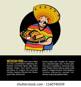 A Jolly Mexican wearing a striped poncho and a big Mexican hat holds a tray of traditional Mexican food. Tacos, burrito. Vector logo of Mexican restaurant.