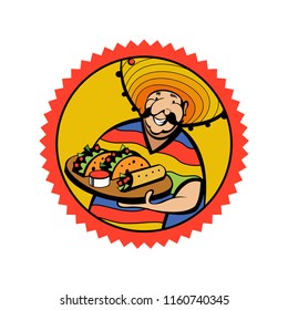 A Jolly Mexican wearing a striped poncho and a big Mexican hat holds a tray of traditional Mexican food. Tacos, burrito. Vector logo of Mexican restaurant.