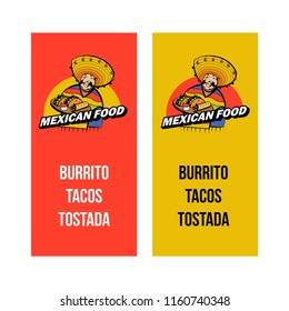 A Jolly Mexican wearing a striped poncho and a big Mexican hat holds a tray of traditional Mexican food. Tacos, burrito. The menu layout. Vector logo of Mexican restaurant.