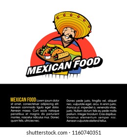 A Jolly Mexican wearing a striped poncho and a big Mexican hat holds a tray of traditional Mexican food. Tacos, burrito. Vector logo of Mexican restaurant.