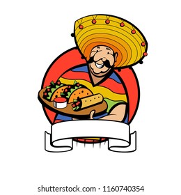 A Jolly Mexican wearing a striped poncho and a big Mexican hat holds a tray of traditional Mexican food. Tacos, burrito. Vector logo of Mexican restaurant.