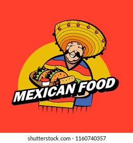 A Jolly Mexican Wearing A Striped Poncho And A Big Mexican Hat Holds A Tray Of Traditional Mexican Food. Tacos, Burrito. Vector Logo Of Mexican Restaurant.