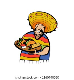 A Jolly Mexican wearing a striped poncho and a big Mexican hat holds a tray of traditional Mexican food. Tacos, burrito. Vector logo of Mexican restaurant.