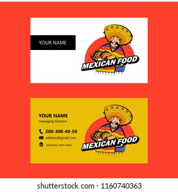 A Jolly Mexican wearing a striped poncho and a big Mexican hat holds a tray of traditional Mexican food. Tacos, burrito. Business card layout. Vector logo of Mexican restaurant.