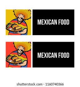 A Jolly Mexican wearing a striped poncho and a big Mexican hat holds a tray of traditional Mexican food. Tacos, burrito. Vector logo of Mexican restaurant.