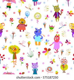 Jolly monsters. Seamless pattern with funny fantastic characters and unusual flowers, butterflies, dragonflies, ice cream. Bright colorful background for children design. Summer collection. Vector 