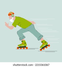A jolly old man wearing headphones rushing around on roller skates. Flat style vector image. Active grandfather.