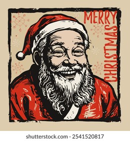 Jolly Old Saint Nick: Vintage Linocut-Style Santa Claus Portrait with Merry Christmas Greeting for Holiday Card, Posters, and Merchandise. Woodcut Design in Red and Black for Festive Seasonal Branding