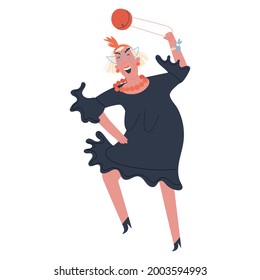 Jolly old woman in a dress dancing waving her purse. Flat vector illustration on white background.