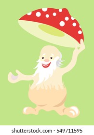 Jolly oThe style of animation, cartoonld man fly agaric mushroom takes off his hat in greeting. Vector character isolated. 