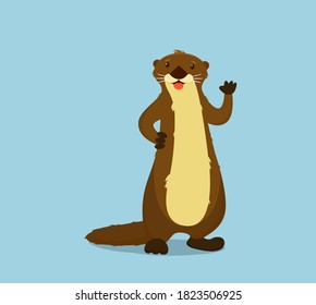 Jolly otter . Stands smiling and waving a paw.Otter mascot. vector illustration in cartoon style.