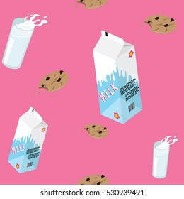 Jolly pattern with cookies, a glass of milk and milk pack