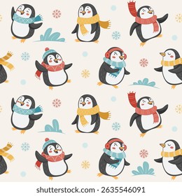 Jolly Penguins. Seamless vector pattern. For textile, packaging, background