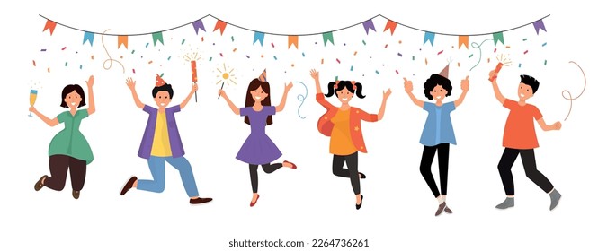 Jolly people celebrating holiday together with sparklers confetti festive attributes cartoon composition flat vector illustration