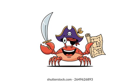 A jolly pirate crab holding a cutlass and treasure map ready for adventure on the high seas