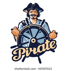 Jolly pirate at the helm of the ship. vector illustration