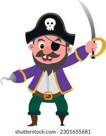 Jolly pirate with sword hook hand peg leg and eye patch