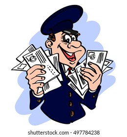 Jolly postman in the blue cap with the letters in his hands. Vector cartoon concept of mail.