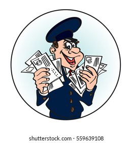 Jolly postman in the blue cap with the letters in his hands. Vector cartoon concept of mail.