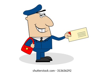 Jolly postman delivers a letter, vector illustration