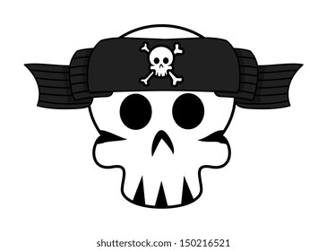 Jolly Roger Banner Over Skull Forehead - Vector Cartoon Illustration