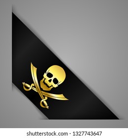 Jolly Roger. Black ribbon bookmark. Realistic corner tape. Golden skull with scratched sabers. Vector illustration.